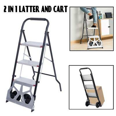 2-in-1 Practical 3-step Ladder And Hand Truck Trolley Cart Folding W/ Two Wheels