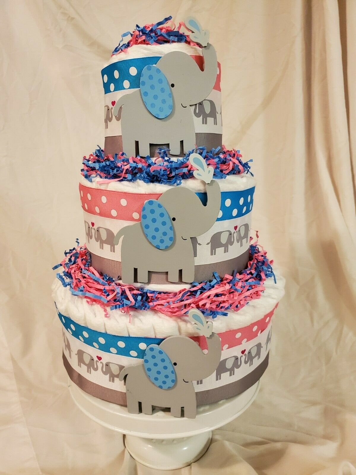 3 Tier Diaper Cake Elephant ~ Gender Reveal Pink & Blue Theme ~ Baby Shower