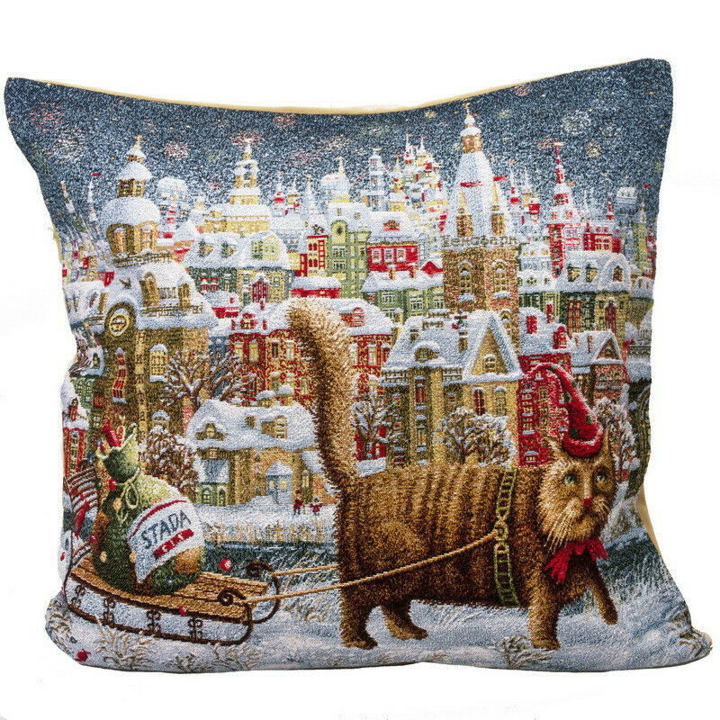 18x18 Cat With Sled Tapestry Pillow / Christmas Winter Bed/sofa Decor