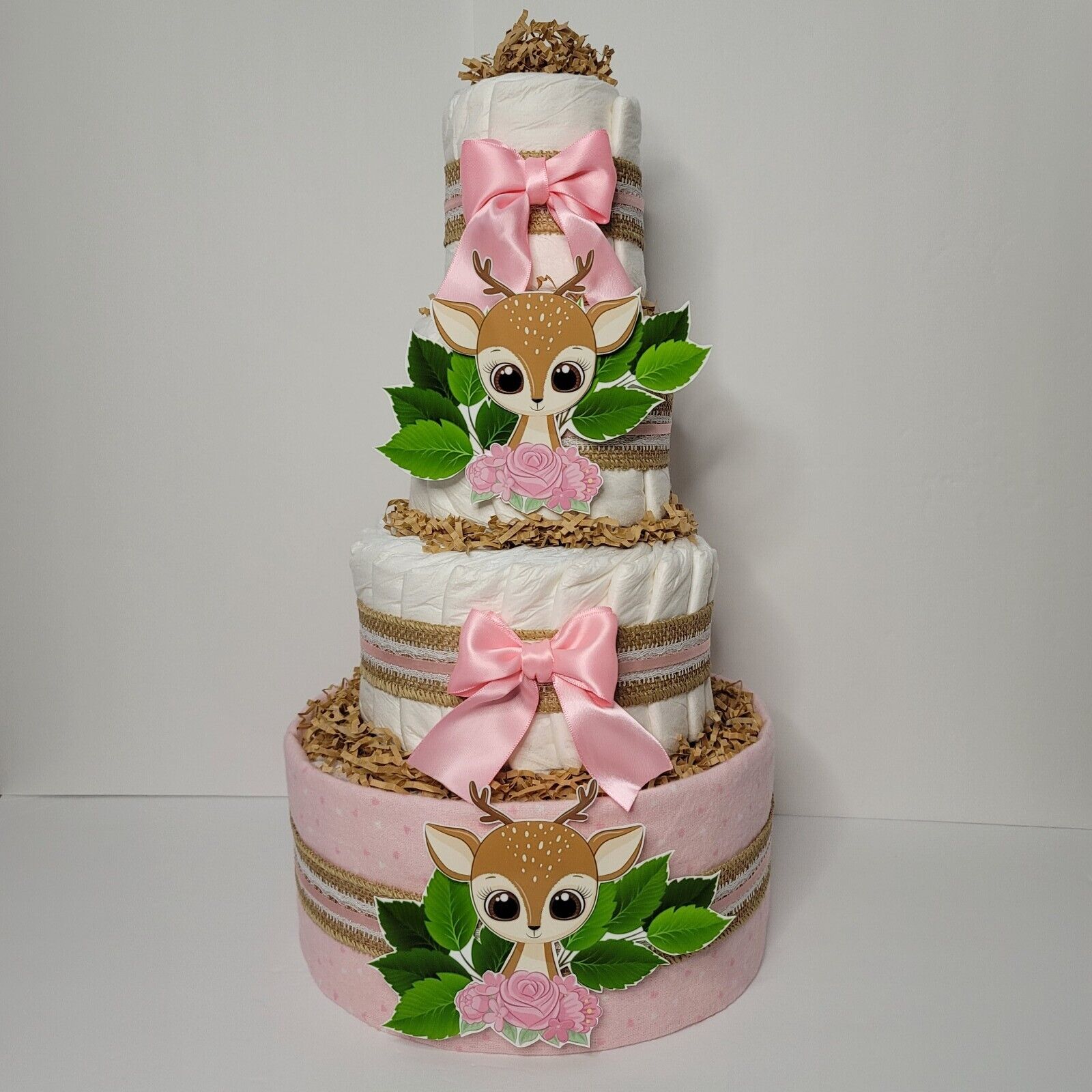 Deer Diaper Cake - Burlap And Pink Cake - Woodland Baby Shower Centerpiece - New