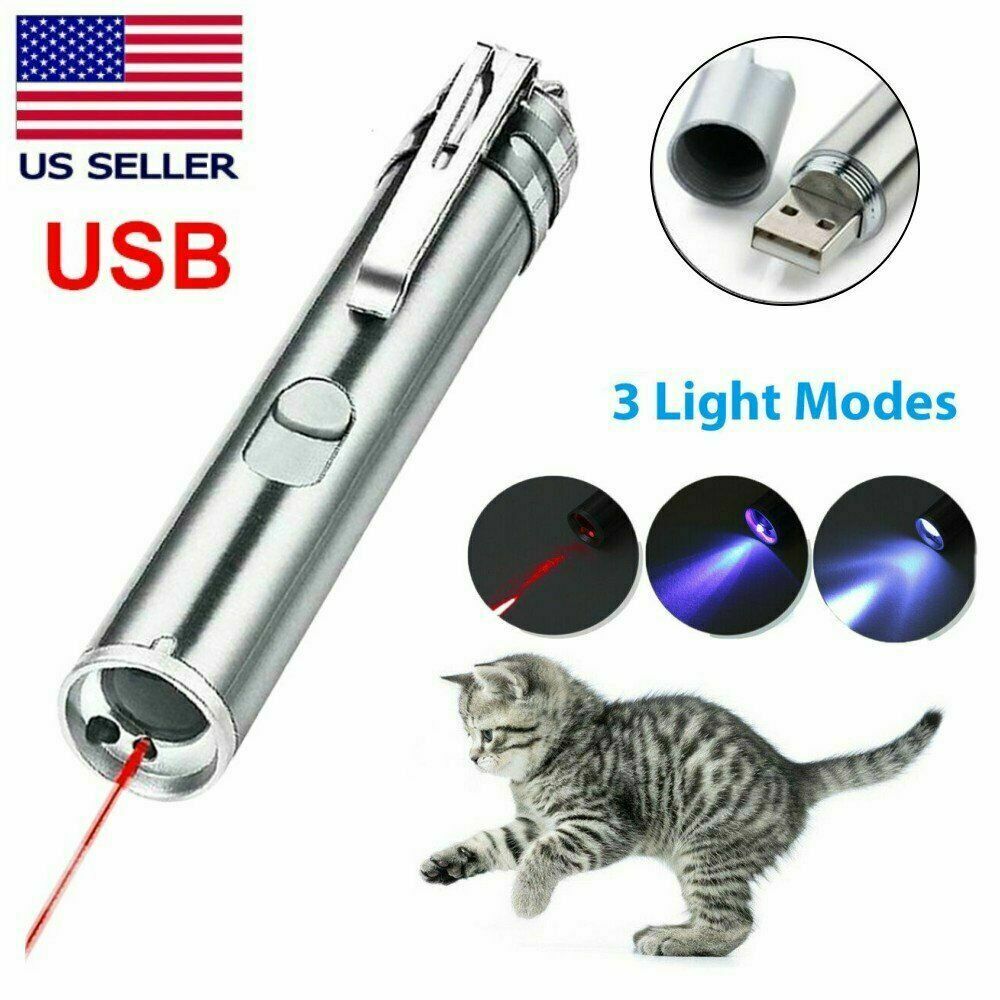 Usb Rechargeable Laser Pointer Pen 3 In 1 Cat Pet Toy Red Uv Flashlight Us Stock