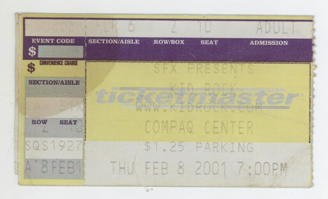 Rare Kid Rock 2/8/01 Houston Tx Compaq Center Ticket Stub!