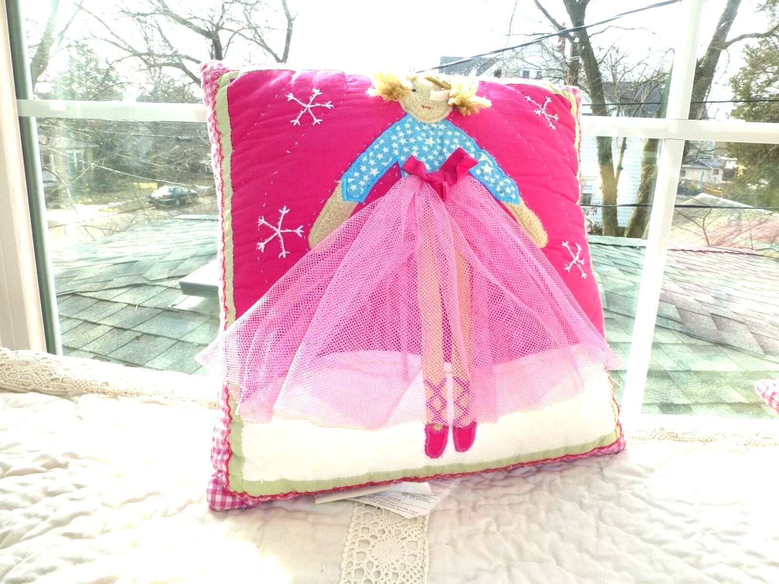 Pottery Barn Kids Embroidered Appliqué Ballerina Pink Doll Decorative Pillow 12"