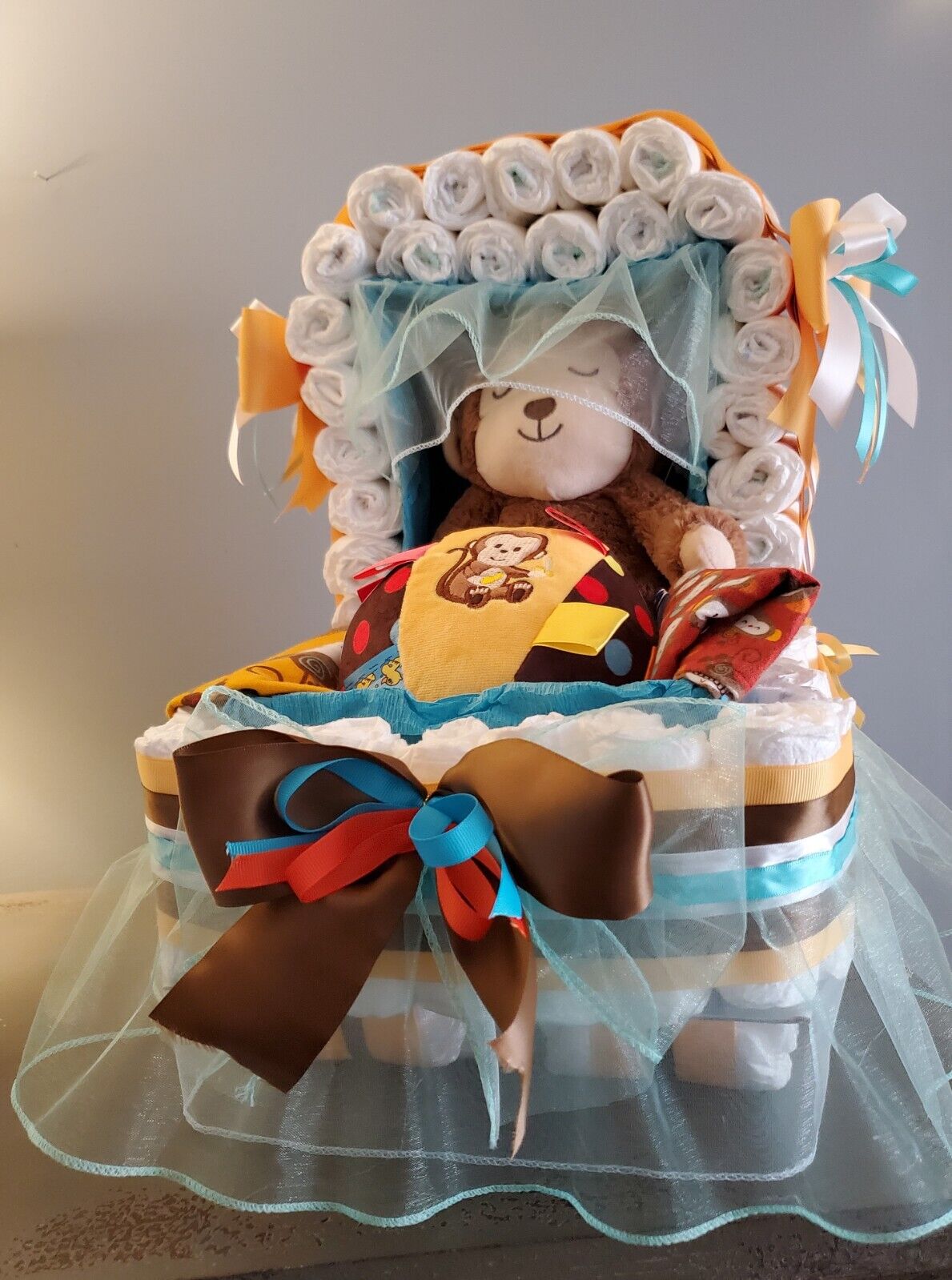 Monkey Theme, Diaper Stroller/carriage Brown, Gold.  Baby Shower, Gifts For Baby